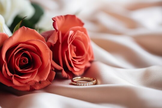 Red gold wedding rings resting on white silk with delicate roses and soft bokeh for text placement