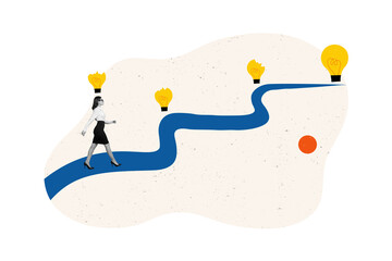 Collage picture of mini black white colors elegant girl walk painted path light bulb isolated on creative background