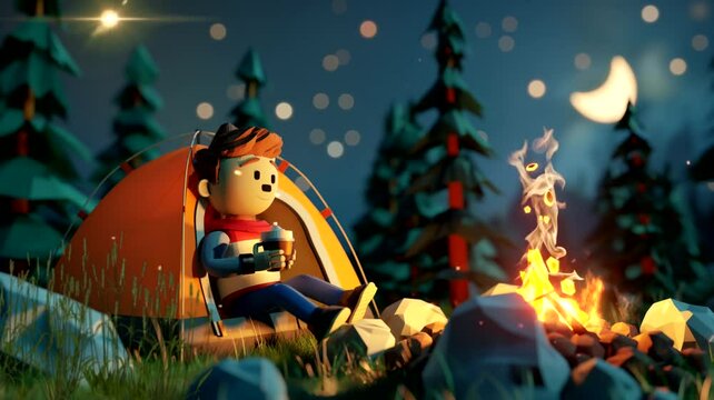 Boy at camping night. Seamless looping time-lapse 4k video animation background