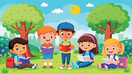 Obraz na płótnie Canvas Group of Children Reading Books in the Park