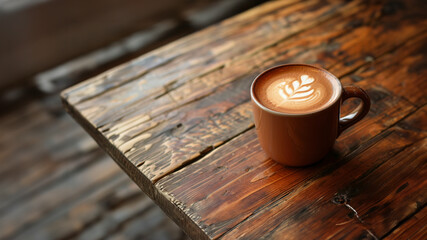 Hazelnut latte on wooden table, a refreshing drink with a colorful background.