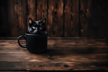 shy cat hiding inside mug on wooden table  - obrazy, fototapety, plakaty