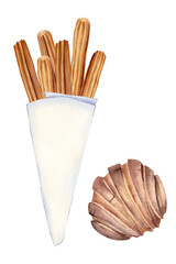 Set of watercolor churros in paper bag and concha. Spanish or mexican snack. Sweet dessert. Hand-drawn illustration isolated on transparent.