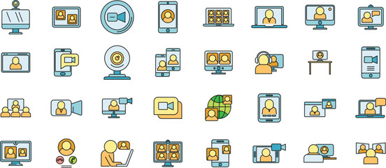 Video call app icons set. Outline set of video call app vector icons thin line color flat on white