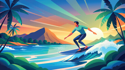Man Riding Wave on Surfboard - obrazy, fototapety, plakaty