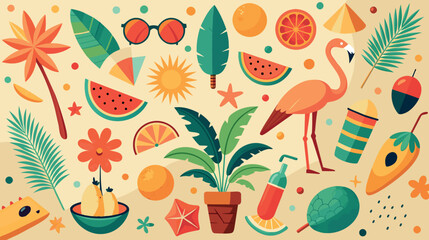 Colorful Flamingo Illustration Surrounded by Tropical Items - obrazy, fototapety, plakaty