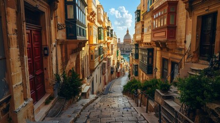 Fototapeta na wymiar Maltese Ghonnella in Valletta's old streets, baroque architecture, timeless elegance