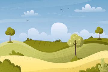 Spring, summer landscape. Field, trees, bushes, clouds, beautiful sky. Vector illustration with a slight gradient. Cartoon background.