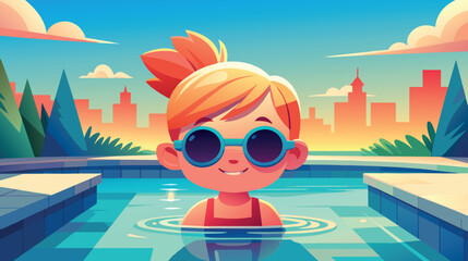 Young Boy Wearing Sunglasses in Swimming Pool
