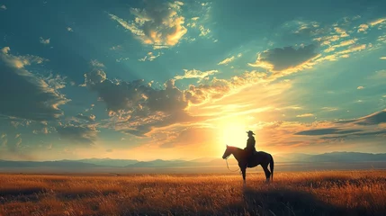 Fotobehang Mongolian deel in steppe, horseback silhouette, vast skies © Fokasu Art