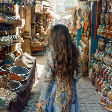Moroccan caftan in Marrakech market, spices and textiles color the scene