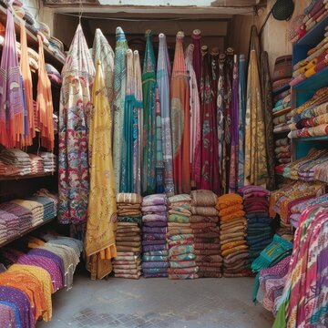 Moroccan caftan in Marrakech market, spices and textiles color the scene