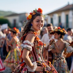 Portuguese Minho dress during Viana do Castelo festival, folk music fills air - obrazy, fototapety, plakaty