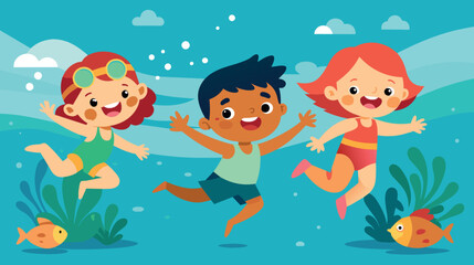 Fototapeta na wymiar Group of Children Swimming in the Ocean