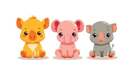 Cute cartoon animals sitting together on white background