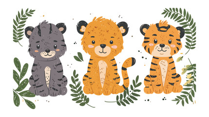 Three little tiger cubs sitting together - obrazy, fototapety, plakaty
