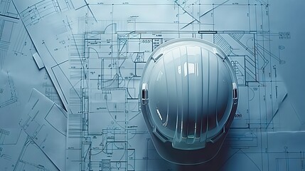 Dynamic top view of construction drawing blueprints with a helmet, emphasizing architectural planning