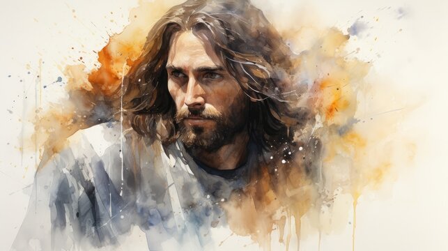 a man in the image of Jesus drawn with watercolors