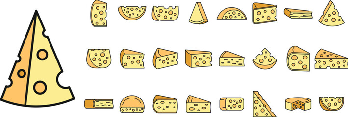 Cheese product icons set. Outline set of cheese product vector icons thin line color flat on white