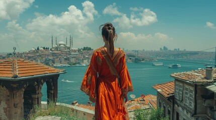 Turkish kaftan at Istanbul skyline, Bosphorus shimmering, crossroads of cultures