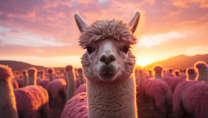 alpaca against the background of a pink sunset and blurred alpacas. 
