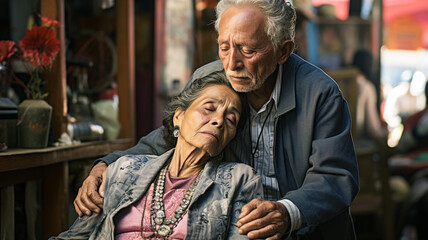 Fototapeta na wymiar senior hispanic couple suffering from illness at home, recovering medium shot indoors