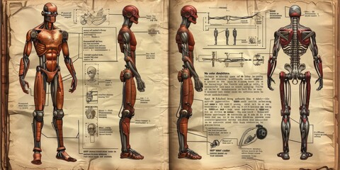 An Advanced Cybernetic Exoskeleton Outfitted for Warfare and Defense, Detailed in a Technical Schematic, Generative AI