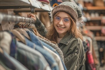 Girl shopping for new clothes in a store.