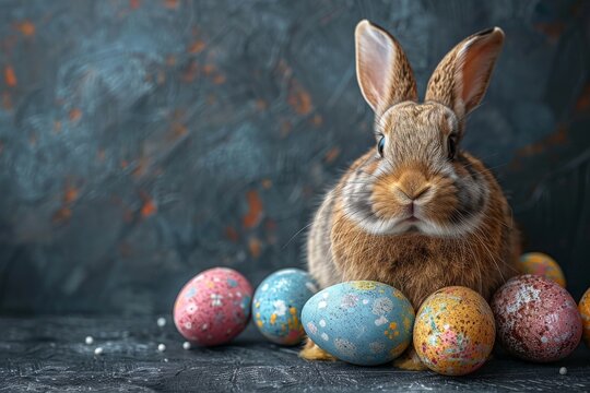 Happy Easter Eggs Fuchsia. Bunny hopping in flower ideogram decoration. Adorable hare 3d maundy thursday rabbit illustration. Holy week Available zone card salvation
