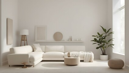 Fototapeta na wymiar A cozy, minimalist room with boucle furniture in shades of white and cream, featuring a sleek, modern design and clean lines.