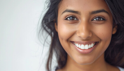 Portrait of a beautiful young asian indian model smiling with clean teeth - obrazy, fototapety, plakaty
