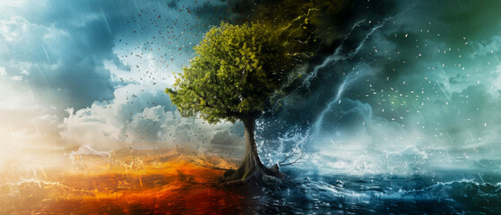 Conceptual art on global warming with visuals of extreme weather patterns and ecological imbalance