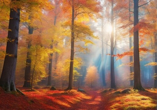 autumn in the forest ,Autumn forest path. Orange color tree, red brown maple leaves in fall city park. Nature scene in sunset fog Wood in scenic scenery Bright light sun Sunrise of a sunny day,
