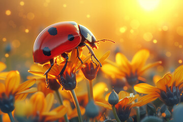 Naklejka premium ladybug on flower meadow at sunset. Nature background. Close-up