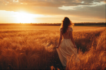 woman in a dress standing in a wheat field