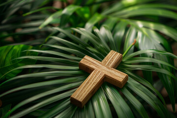 Wooden cross laying on green palm branch. Christianity symbol of Easter, Palm Sunday, Good Friday, Holy Thursday. Religion concept