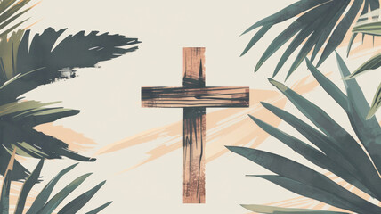 Wooden cross standing next to green palm branch on beige background. Christianity symbol of Easter, Palm Sunday, Good Friday, Holy Thursday. Religion illustration concept - obrazy, fototapety, plakaty