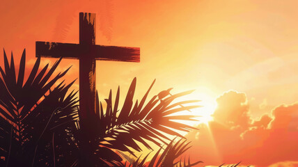Wooden cross standing next to green palm branch on sunset background. Christianity symbol of Easter, Palm Sunday, Good Friday, Holy Thursday. Religion illustration concept