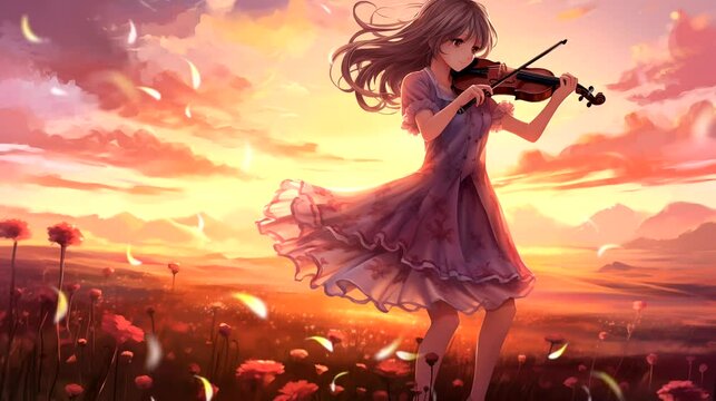 Woman in the sunset playing violin. Seamless looping time-lapse 4k video animation background