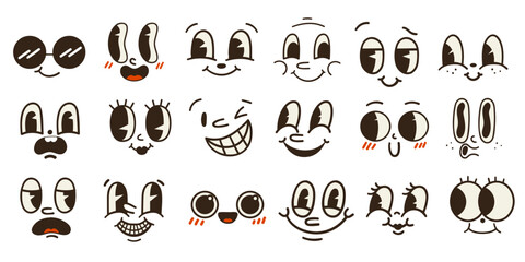 Set of 70s groovy comic faces vector. Collection of cartoon character faces, in different emotions, happy, angry, sad, cheerful. Cute retro groovy hippie illustration for decorative, sticker