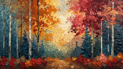An abstract representation of a forest in autumn, where dappled light and shadow create a mosaic of warm colors. Oil artwork.  - obrazy, fototapety, plakaty