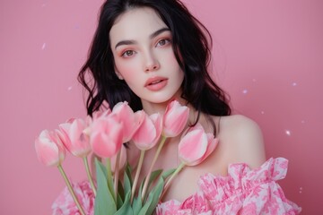 Obraz na płótnie Canvas A graceful woman with a painted face stands against a soft pink wall, holding a bouquet of delicate rose petals in an intimate indoor photo shoot