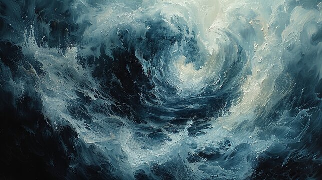 An abstract portrayal of a stormy sea, where turbulent waves are represented by swirling, dynamic brushstrokes. 