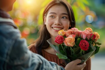 A smiling woman showcases her expertise in floral design as she arranges a beautiful bouquet of cut flowers, including vibrant roses and delicate petals, adding an elegant touch to the outdoor scener
