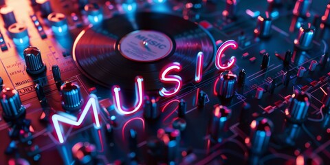 Electronic music festival poster with abstract lines. Design template for flyer, presentation, brochure."MUSIC" text shaped with vinyl records and audio waves and metallic textures.