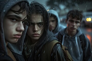 Fototapeta premium Group of sullen teenagers under the rain