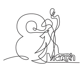Continuous line or one line drawing of a female silhouette with the inscription March 8. Vector illustration.