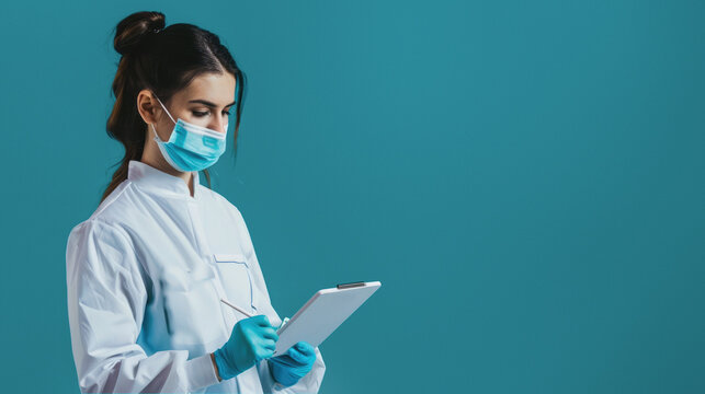 A woman donning medical equipment, including a mask and gloves, stands confidently against a wall in an indoor setting, representing the dedication and resilience of healthcare professionals in the f