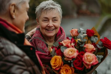 A woman's smile radiates joy as she expertly arranges a vibrant bouquet of red garden roses, her clothing matching the beauty of the cut flowers in the outdoor garden