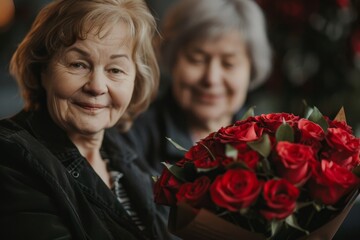Two women beam with joy as they showcase their expertise in floristry, holding a stunning bouquet of vibrant red garden roses against a backdrop of indoor greenery